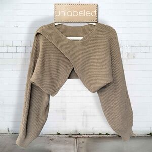 Unlabeled - Ribbed Knit Cross Over Crop Sweater in Tan, Medium